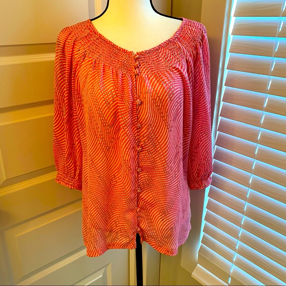 Banana Republic || Pink/white/grey print striped top with 3/4 sleeve.